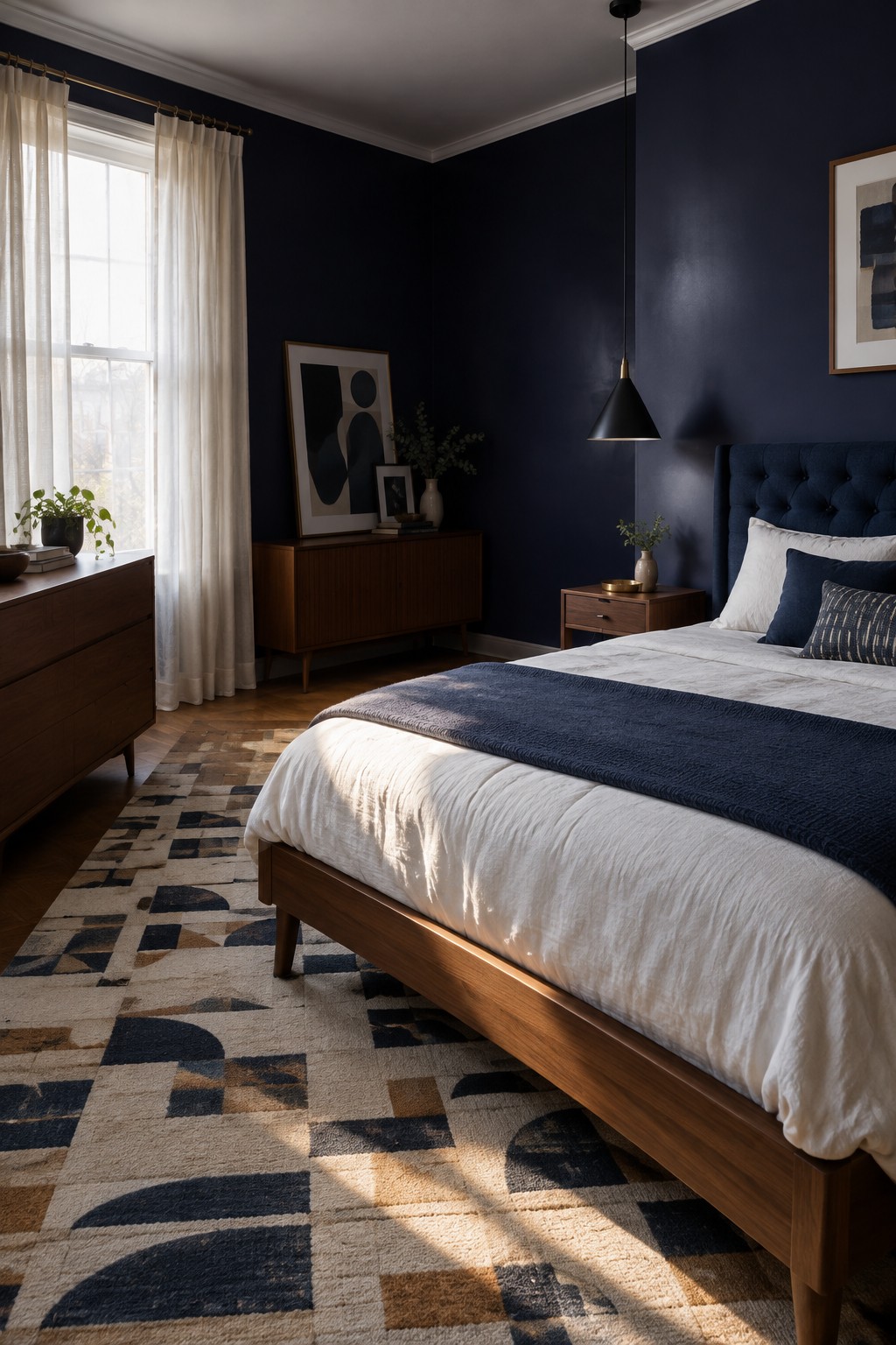 Modern bedroom with navy walls, wooden bed, geometric rug, and pendant light.