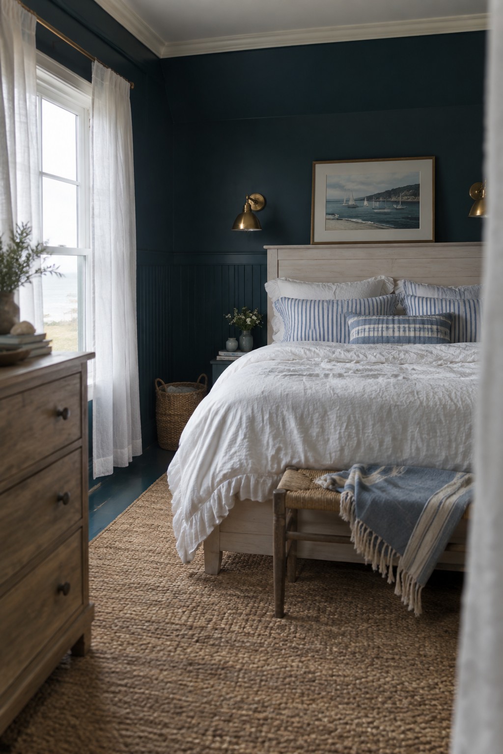 Deep navy blue walls in a bedroom with white bedding and light wood furniture.