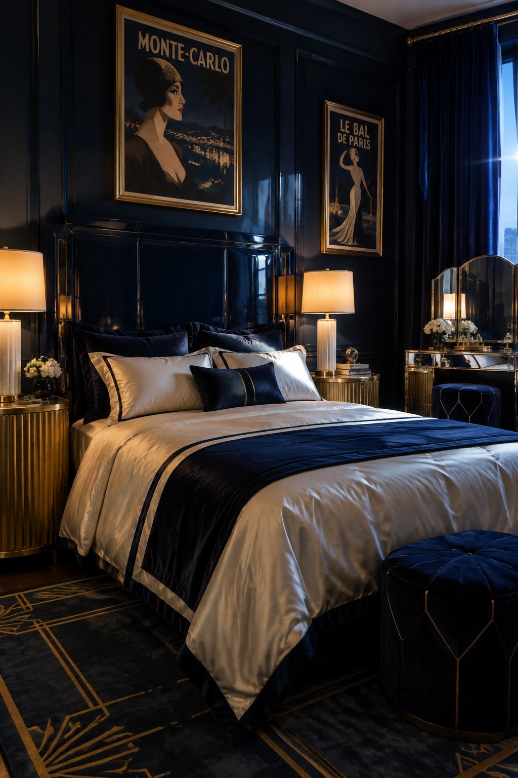 Deep navy blue walls in a bedroom with a large bed and gold accents.