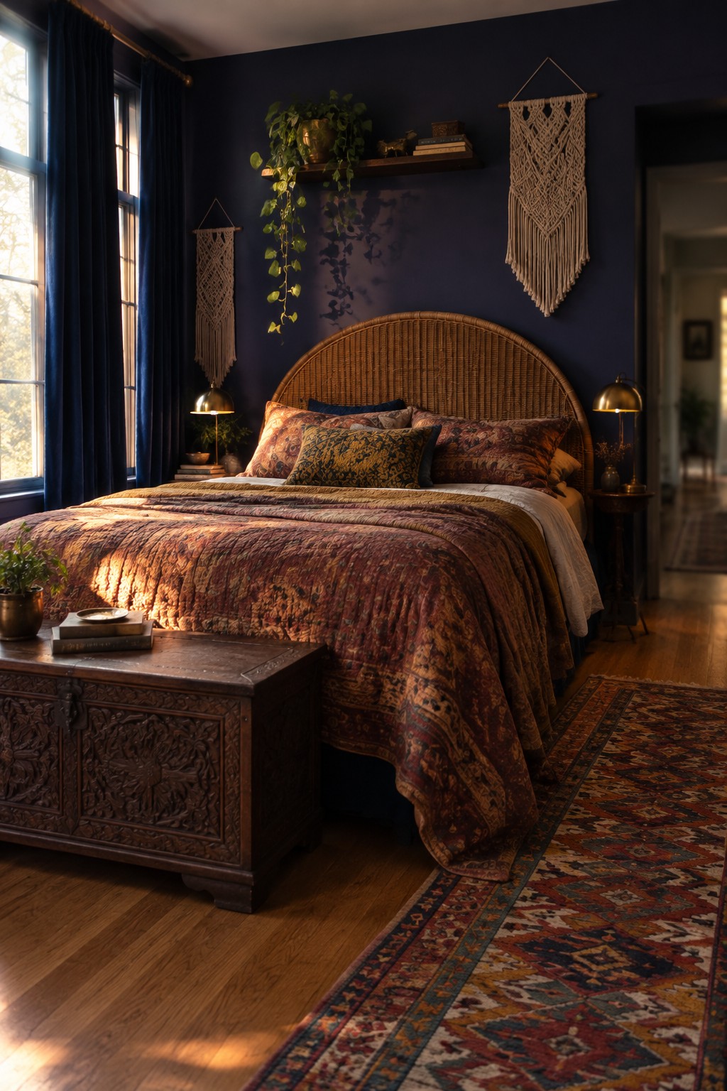 A bedroom with deep navy blue walls and a large rattan headboard.
