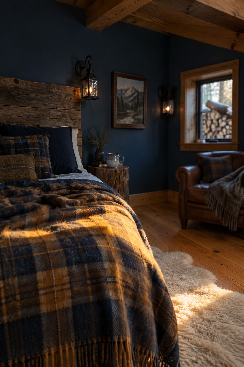 Cozy bedroom with plaid blanket on bed, leather chair, and dark blue walls