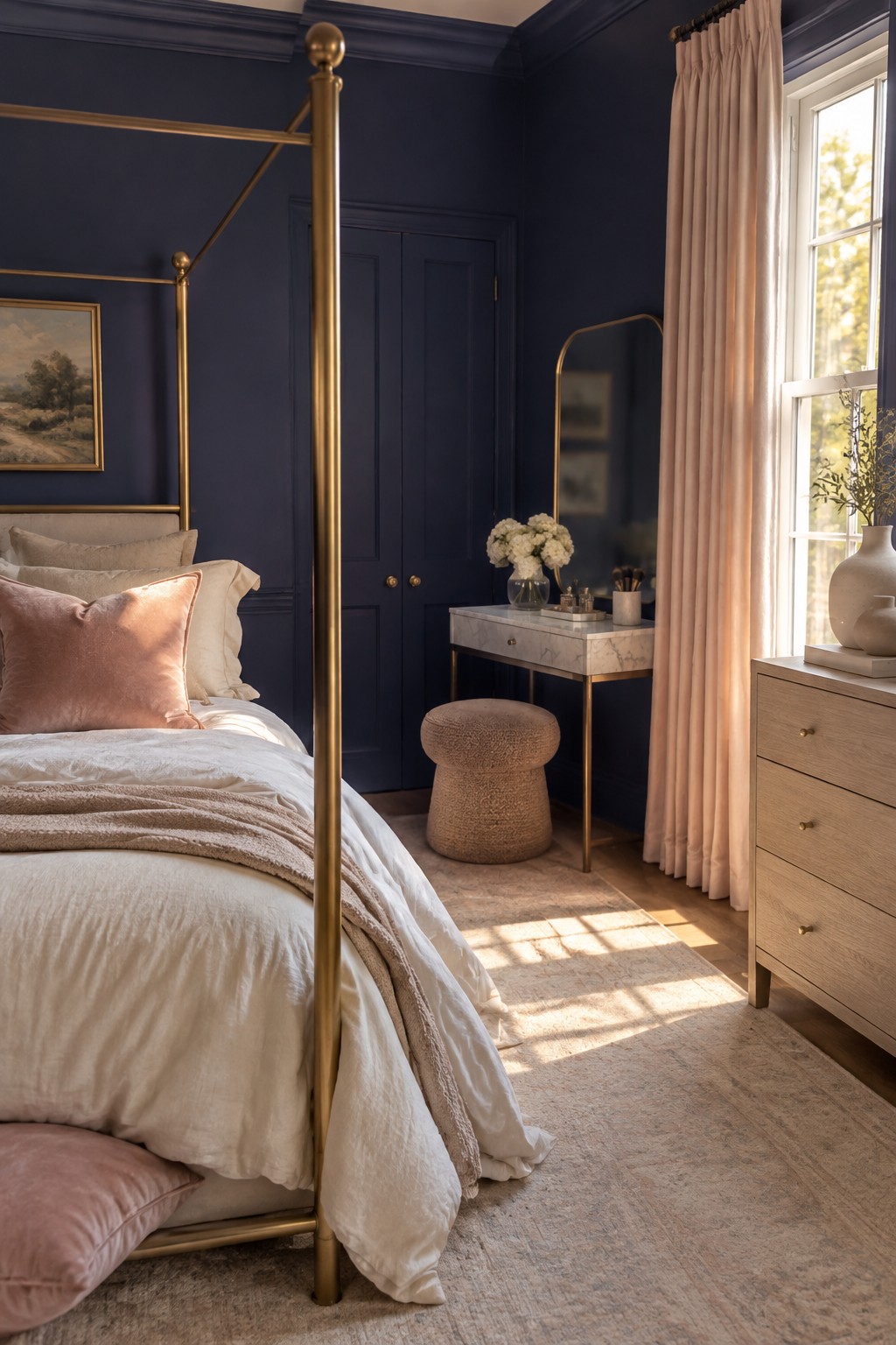 Elegant navy bedroom with brass four-poster bed, white linens, blush pillows, and sunlight.