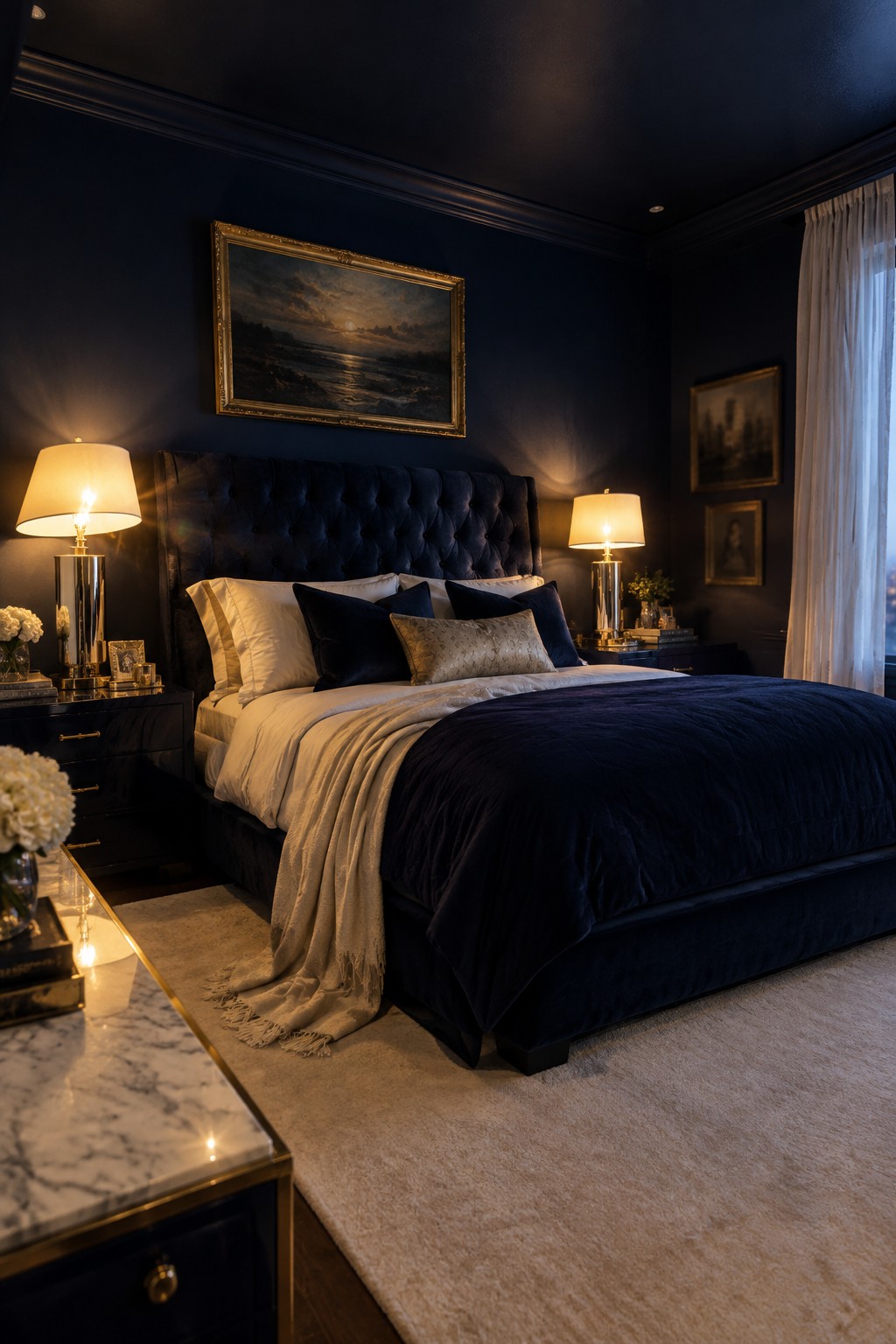 Luxurious dark blue bedroom with tufted velvet bed, glowing lamps, and marble accents