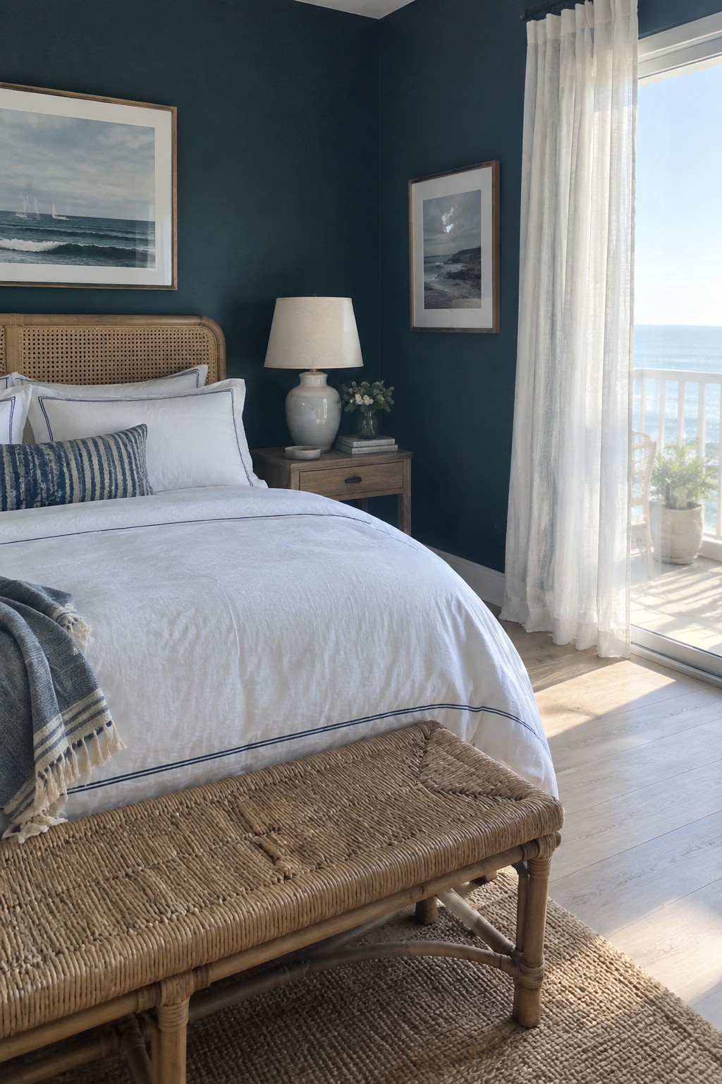 Coastal bedroom with white linens, rattan bench and headboard, navy walls, ocean view