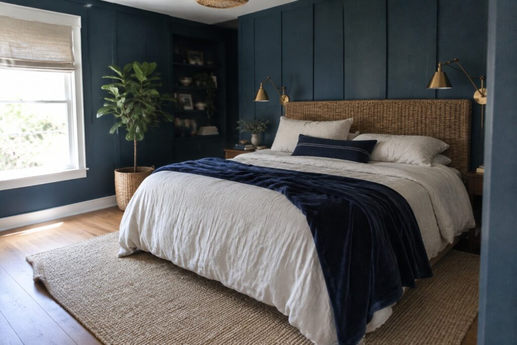 Bedroom with deep navy blue walls and built-in shelves around a bed with white linens.