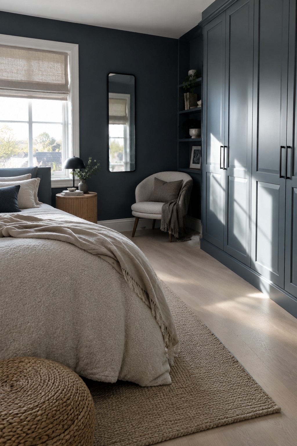 A bedroom with deep navy blue walls and matching built-in cabinetry.