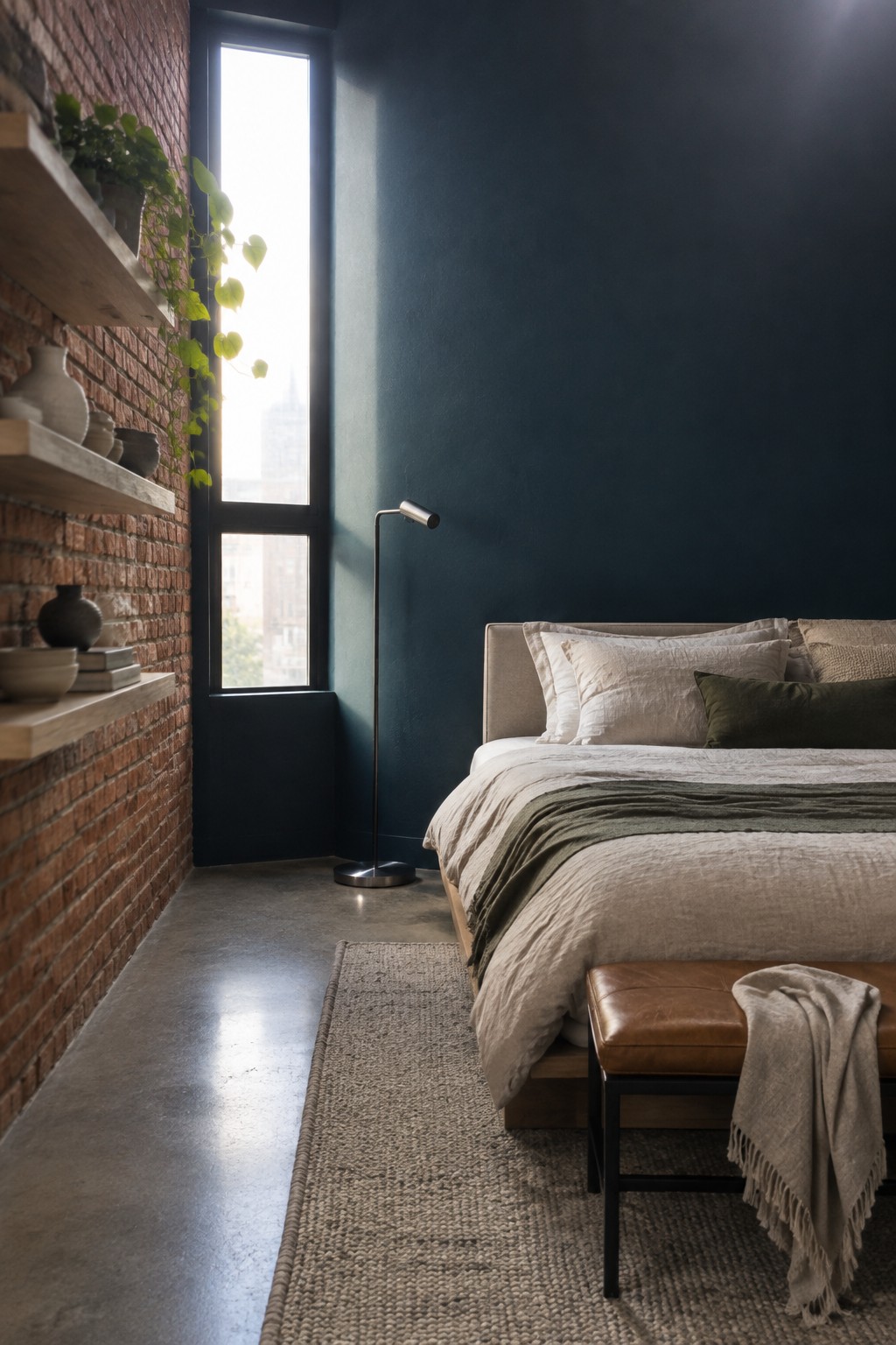 Cozy bedroom with brick wall, tall window, beige bedding, leather bench, and woven rug.