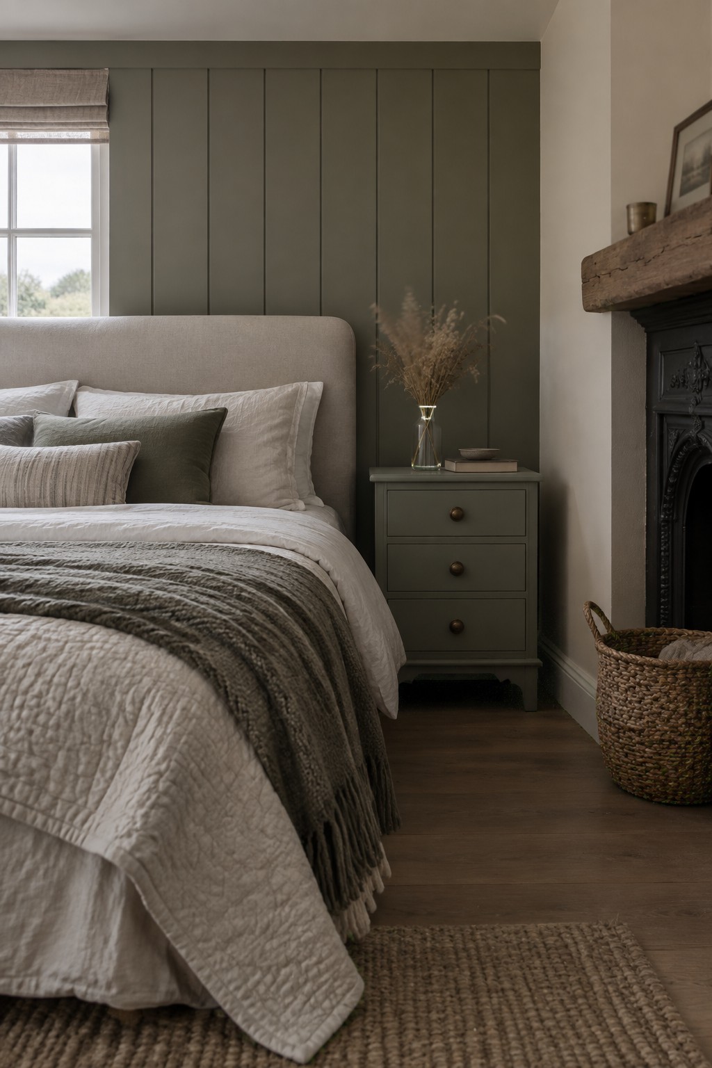 A muted sage green paneled wall behind a bed in a cottage bedroom.