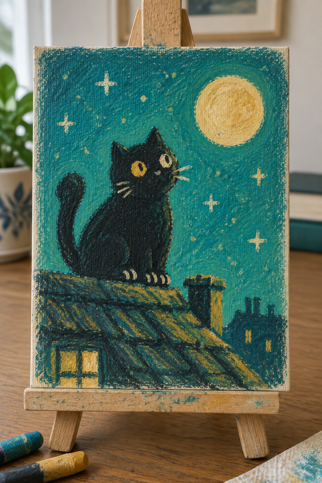 Colorful pastel painting of black cat on rooftop under starry yellow moon on easel