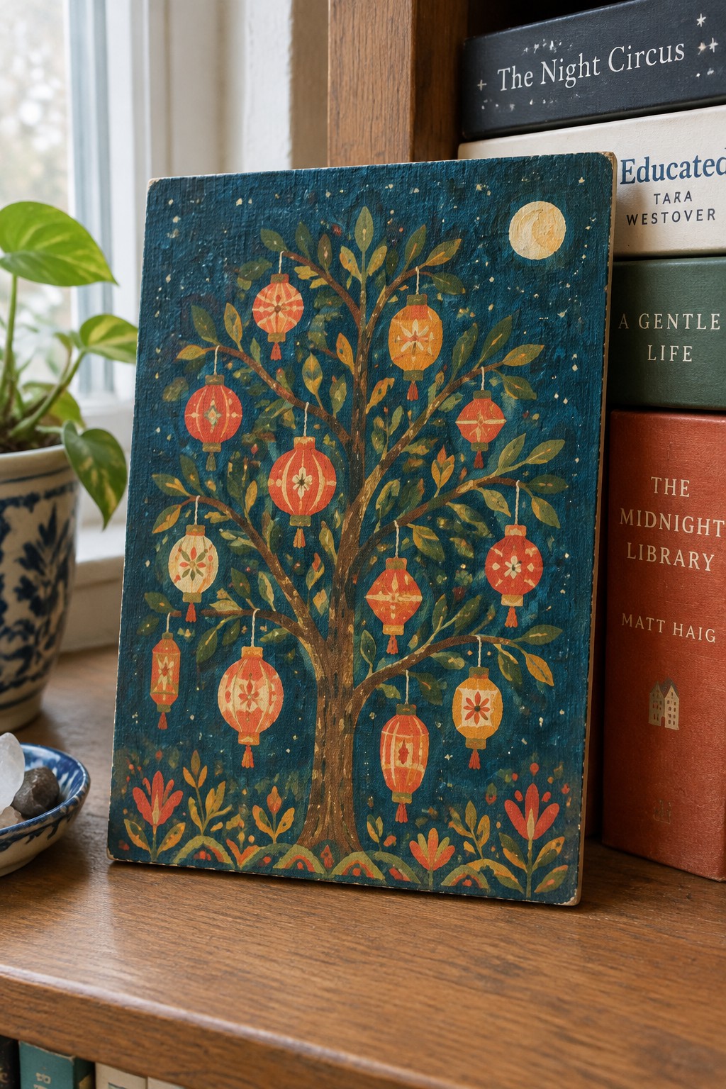 Wooden folk art plaque showing a tree with red-orange lanterns on starry teal background