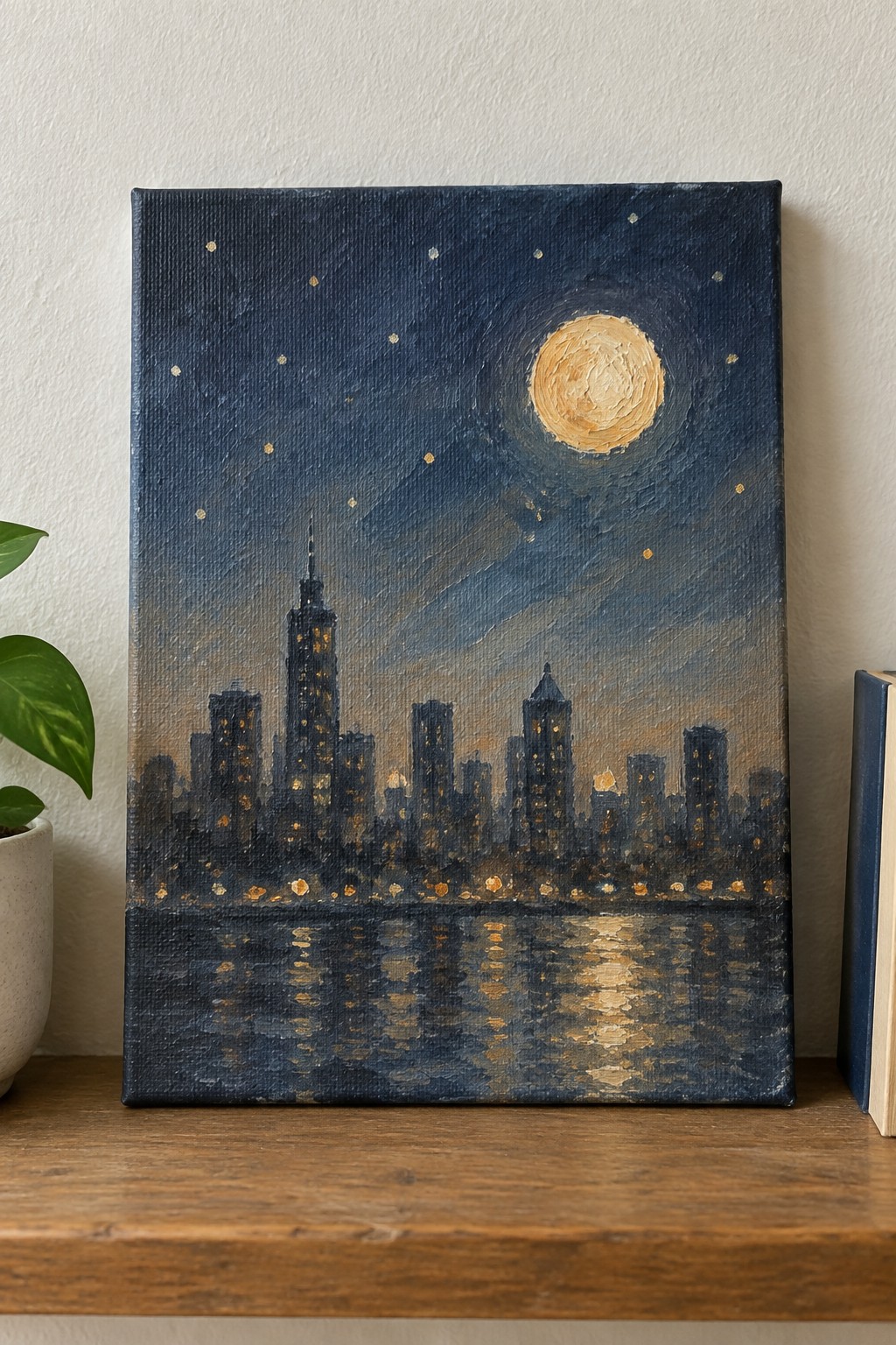 Nocturnal city skyline painting with full moon and water reflections on shelf