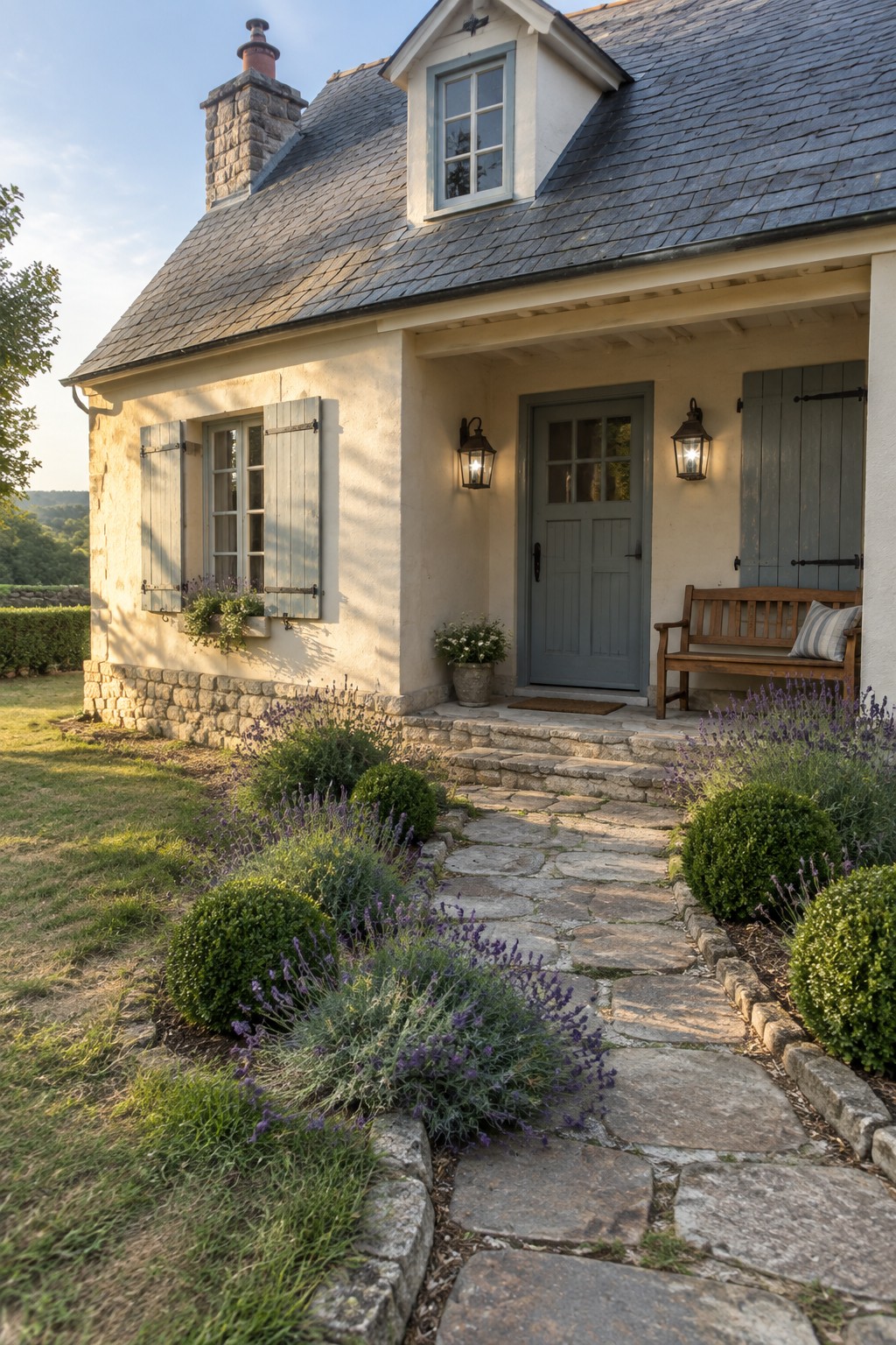Stone cottage with blue shutters, lavender-lined path, wooden bench on porch.