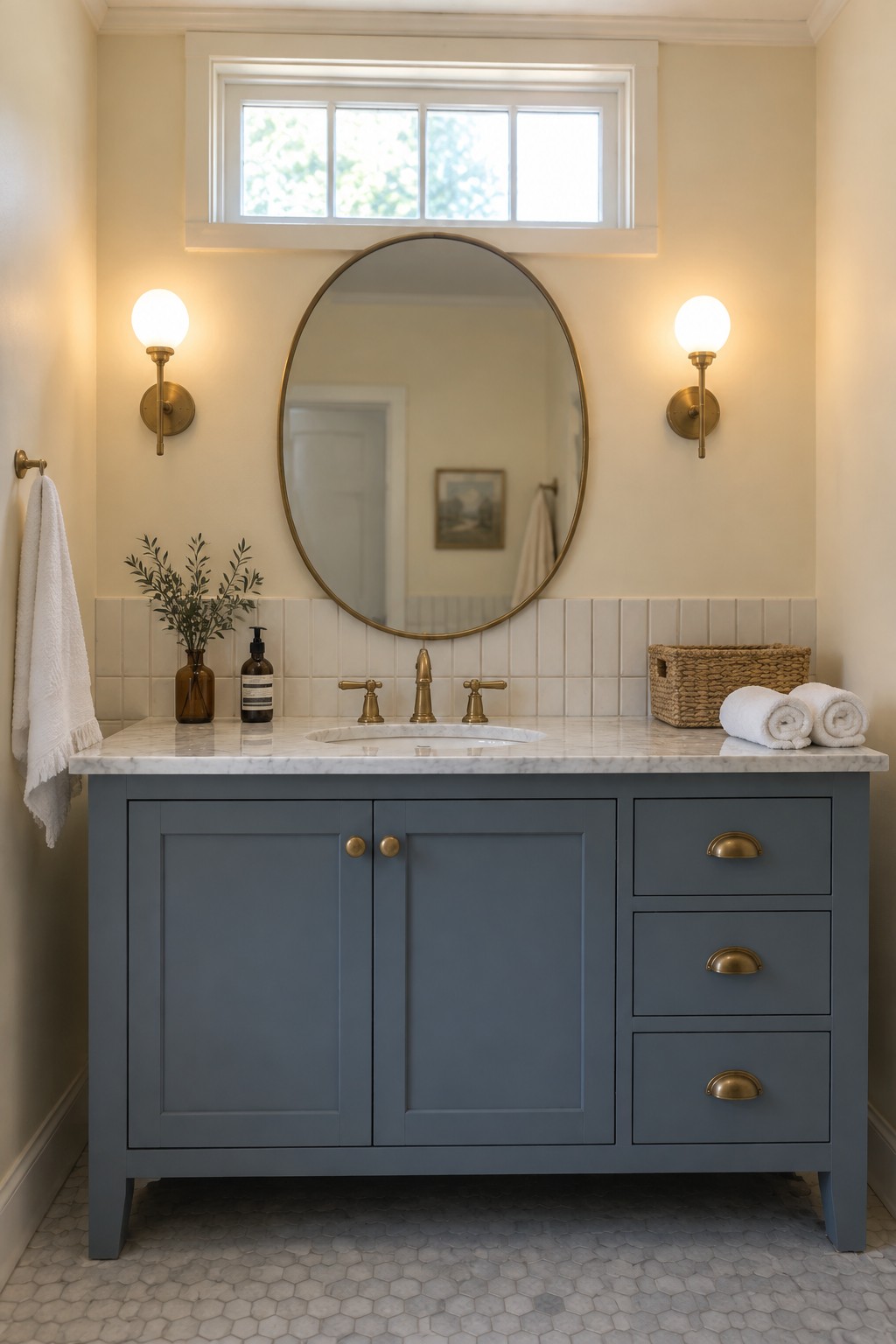 A muted blue-gray vanity cabinet with white marble countertop in a bathroom.