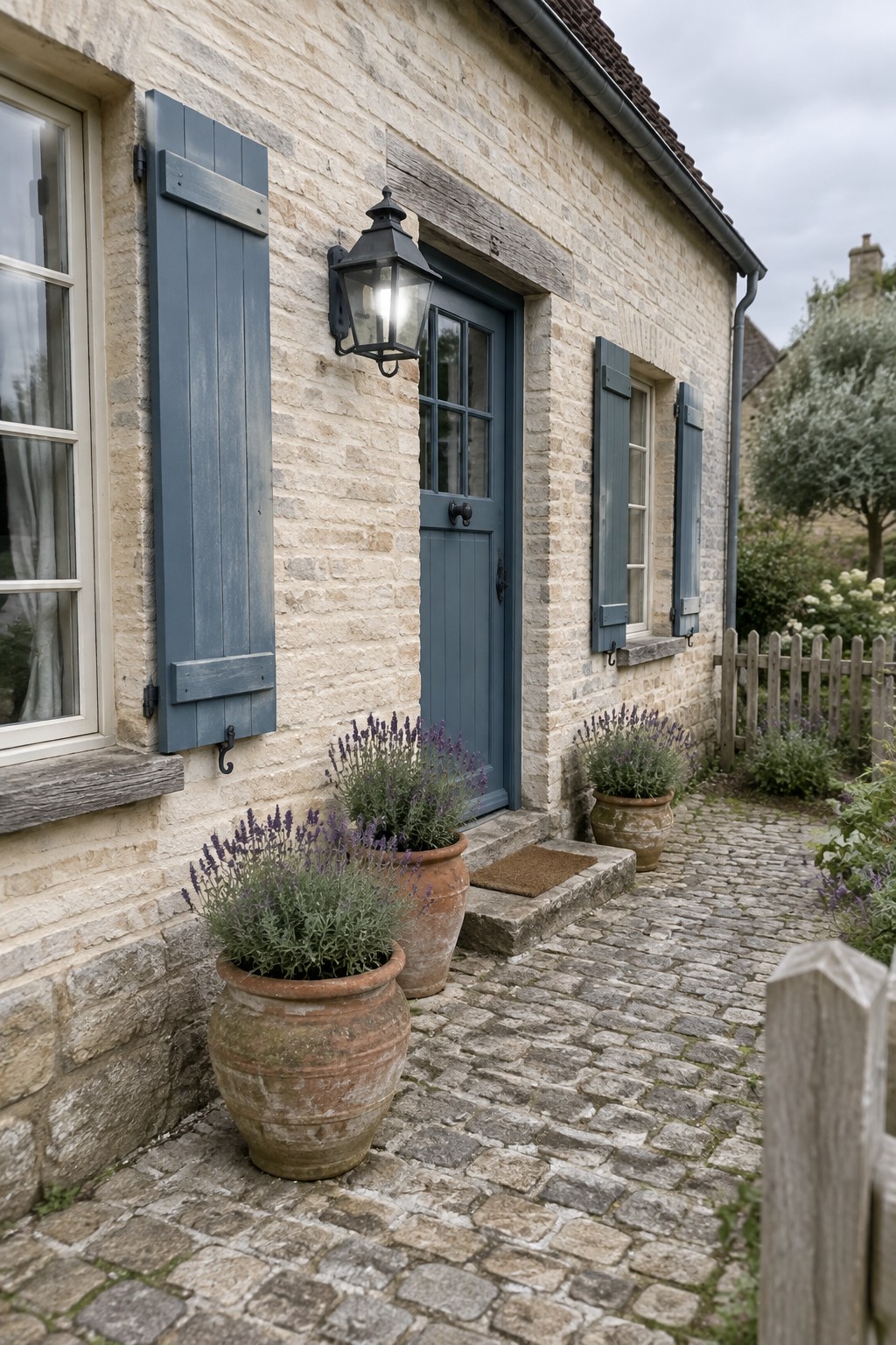 Stone cottage with blue door, shutters, lantern, and lavender pots on cobblestones