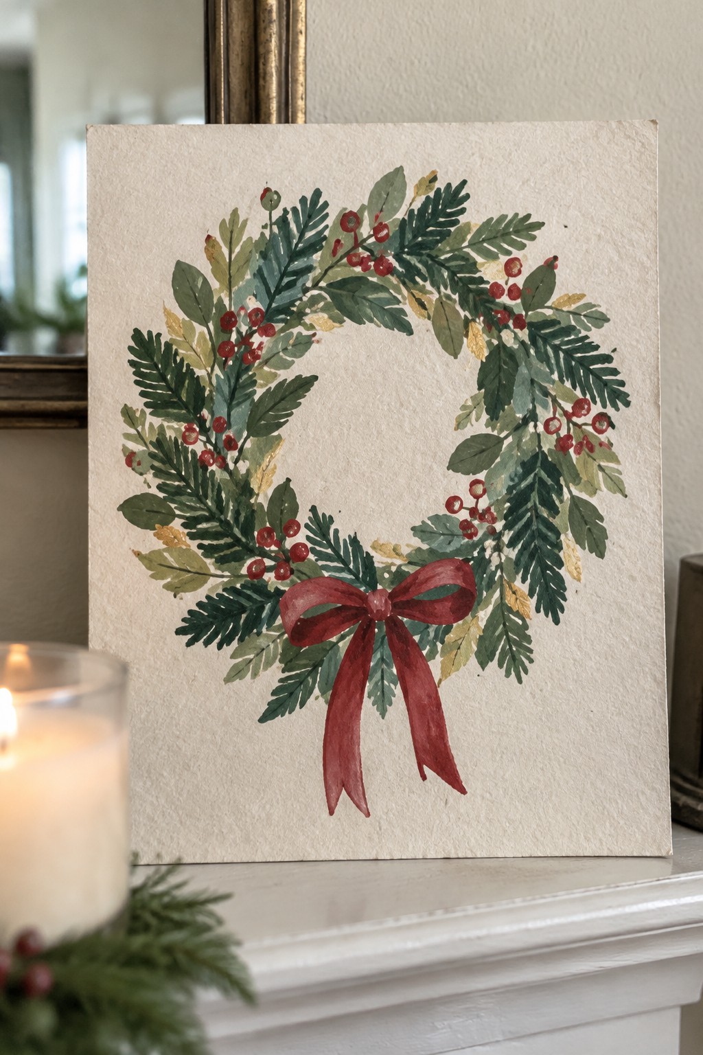 Watercolor Christmas wreath with red bow on mantel beside lit candle