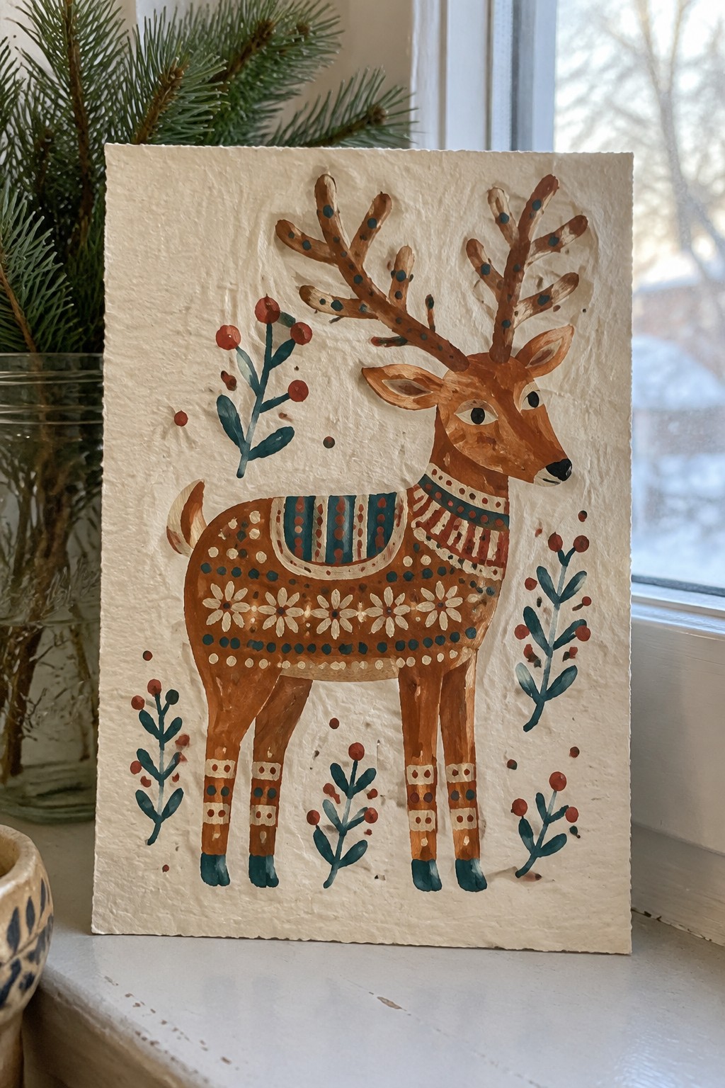 Folk art reindeer with patterned blanket, blue-dotted antlers, and red berry branches on textured paper
