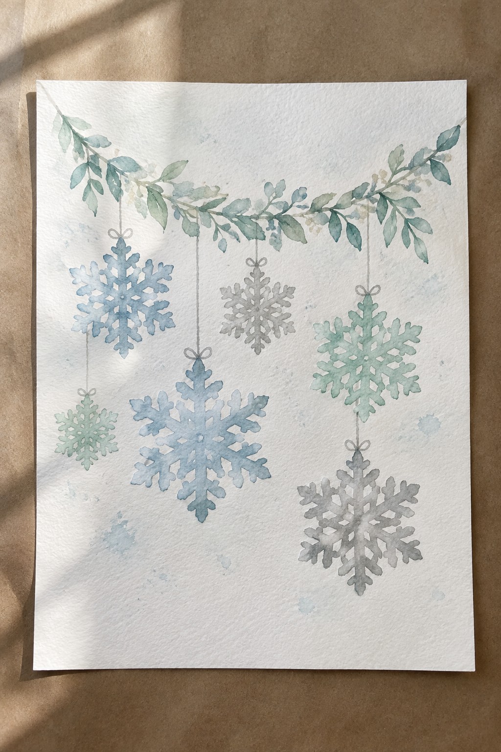 Watercolor snowflakes in blue green and gray hanging from leafy garland on white paper