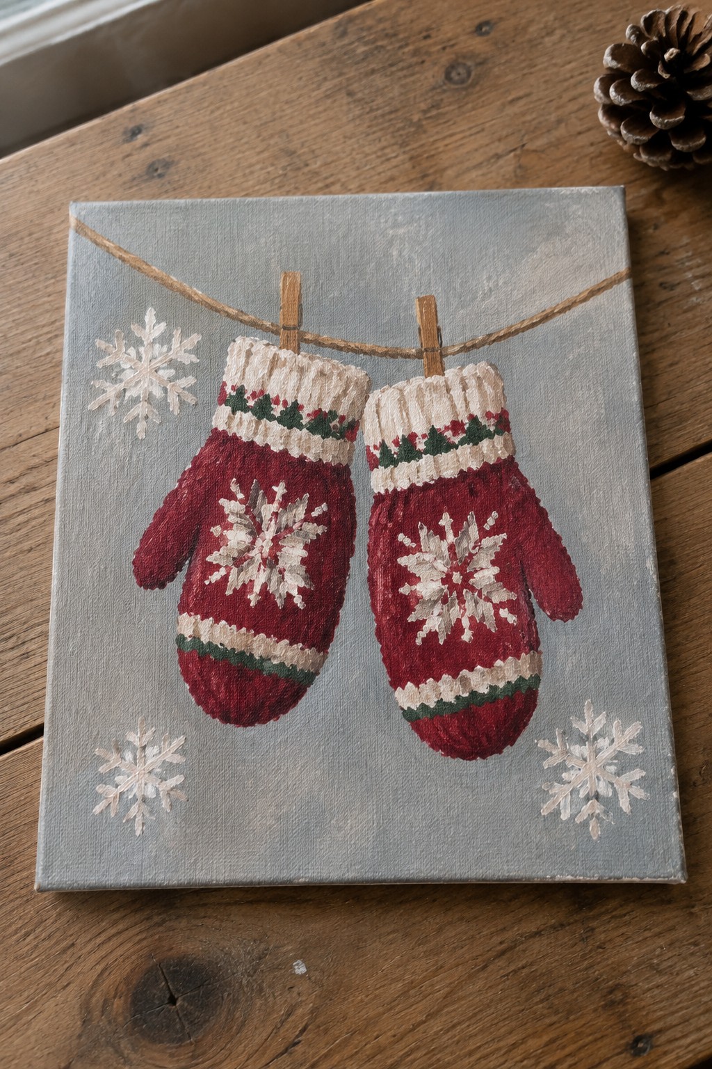 Two red snowflake mittens clipped to twine on gray canvas with white flakes