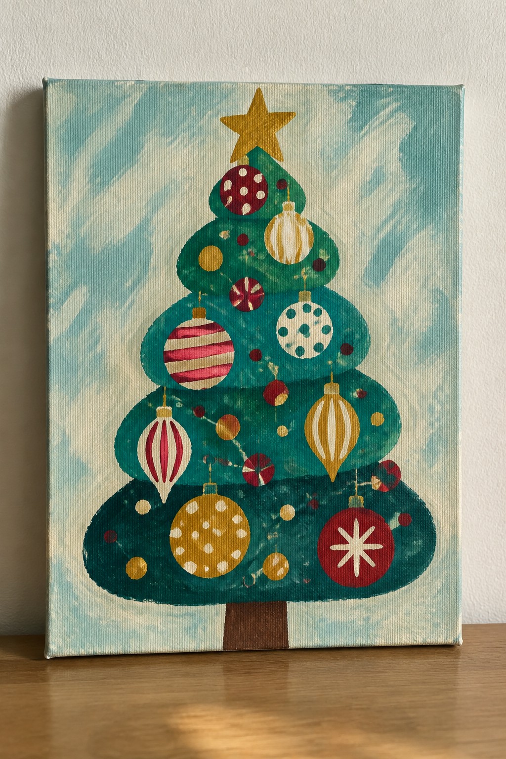 Stylized Christmas tree painting with colorful ornaments and gold star on teal canvas