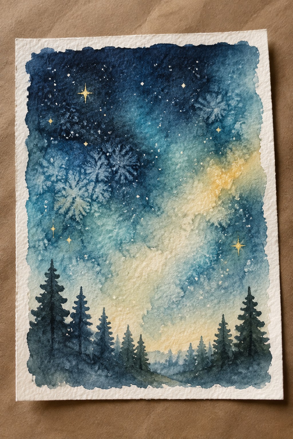 Watercolor night sky with golden stars, snowflakes, and silhouetted pine trees.