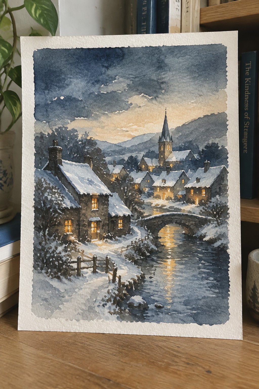 Watercolor of snowy stone cottages with glowing windows beside a river bridge at dusk.
