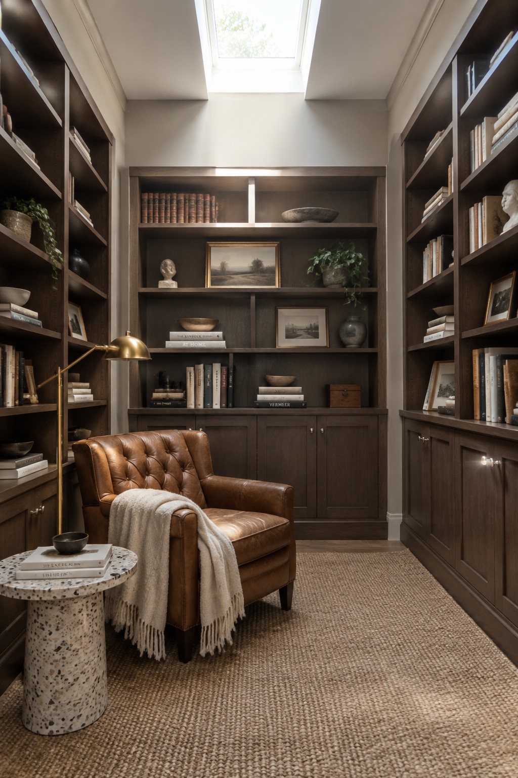 Cozy library with brown leather armchair, dark wood bookshelves, skylight, and woven rug.
