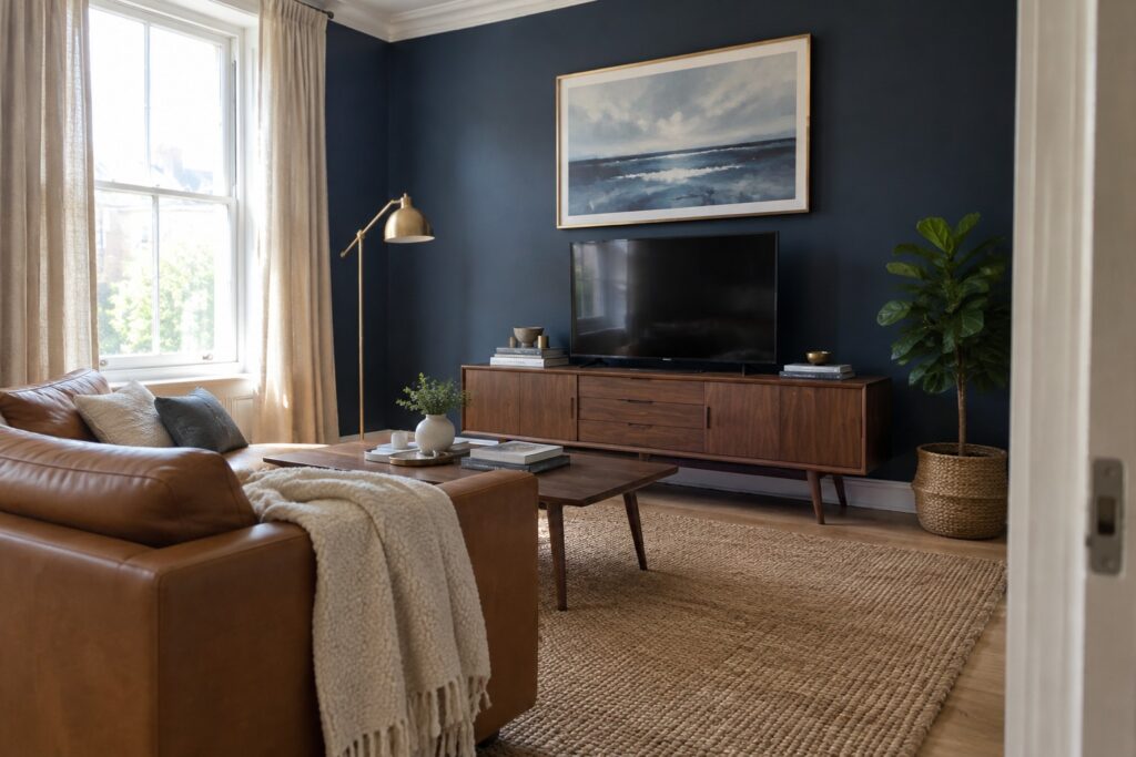 18 Creative Accent Wall Paint Colors for Home Focused Behind Key Furniture A deep navy accent wall behind a wooden media console in a living room.