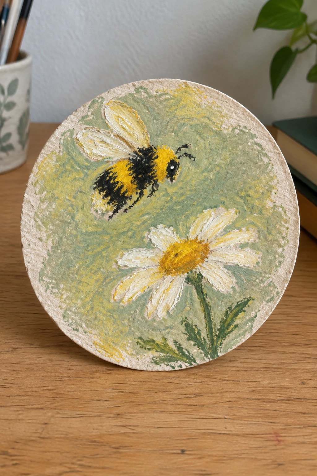 Circular textured painting of a yellow and black bee above a white daisy on green.