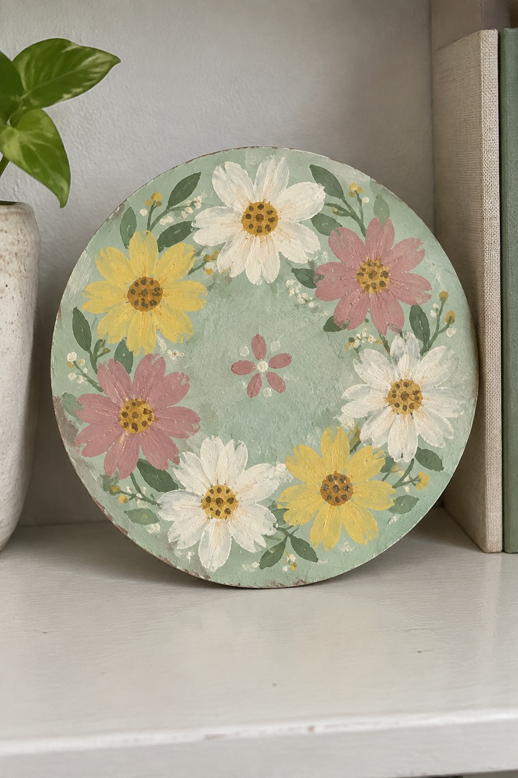 Round wooden plaque with pink, yellow, and white daisies on mint green.