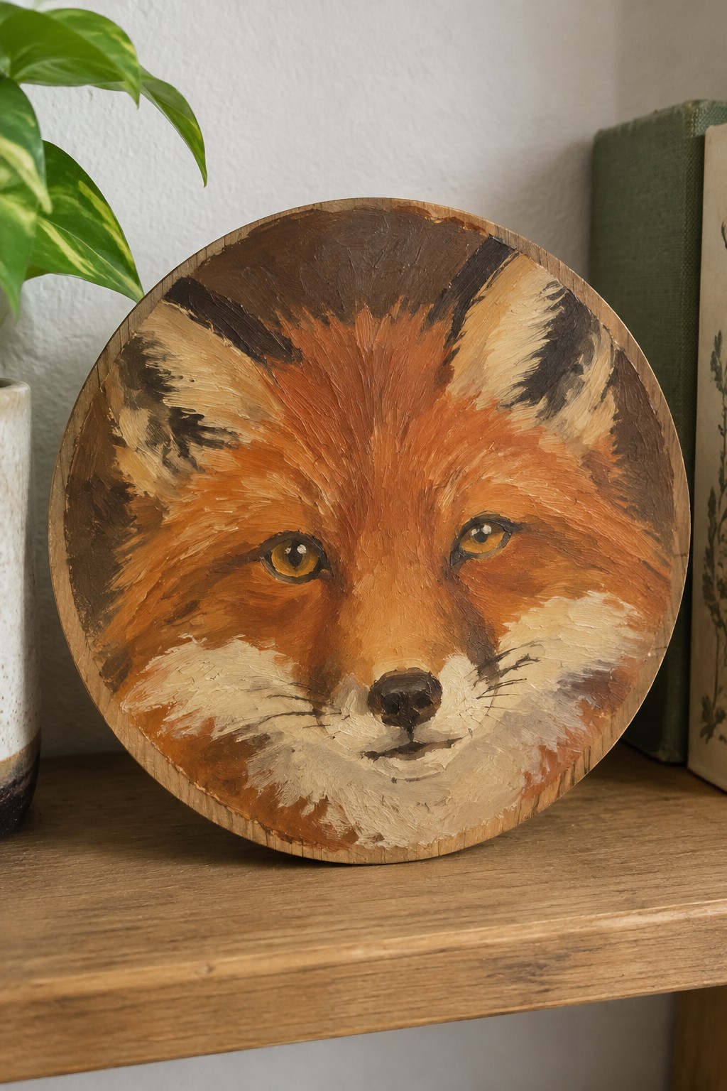 Realistic fox painting with orange fur and yellow eyes on round wooden plaque