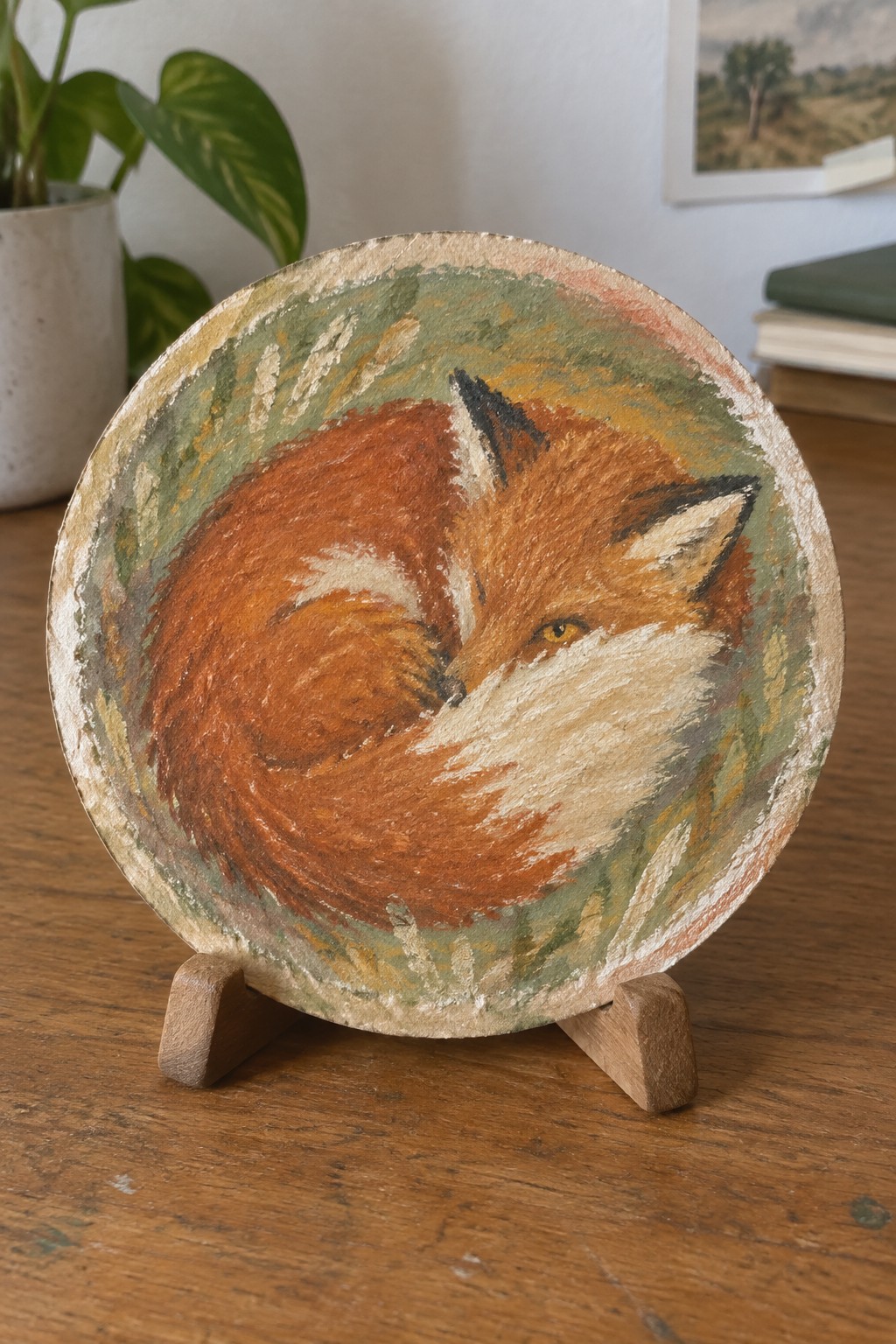 A circular painting of a curled orange and white fox resting on a wooden stand, with a green and textured background.