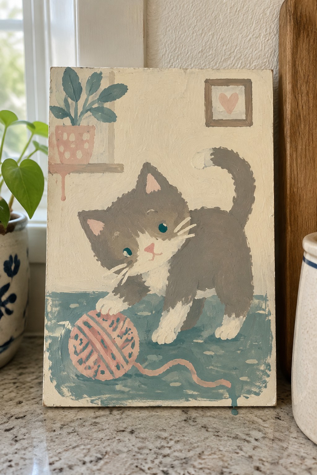 Textured painting of gray-and-white kitten batting pink yarn ball on teal floor.