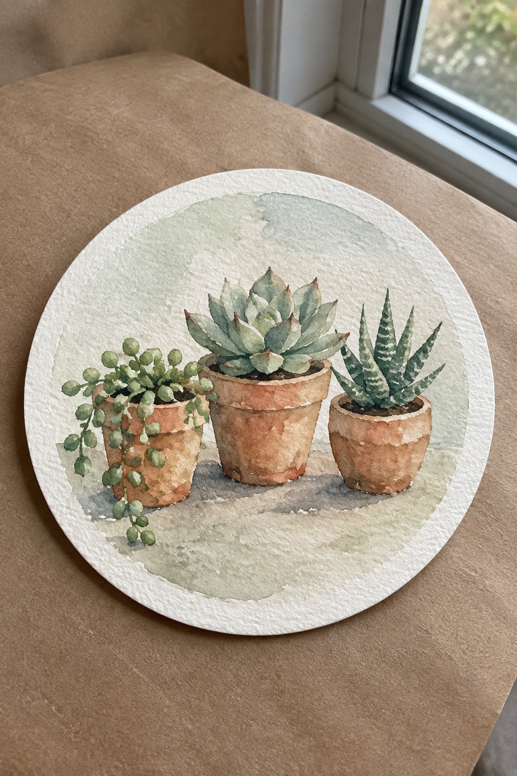 Three succulents in terracotta pots, watercolor on circular paper with soft green wash