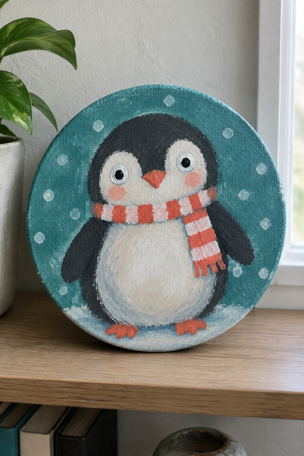 Cute cartoon penguin with red striped scarf on teal snowy round canvas.
