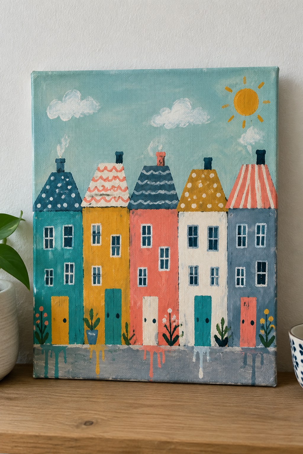Colorful row of whimsical houses with patterned roofs under a sunny blue sky.