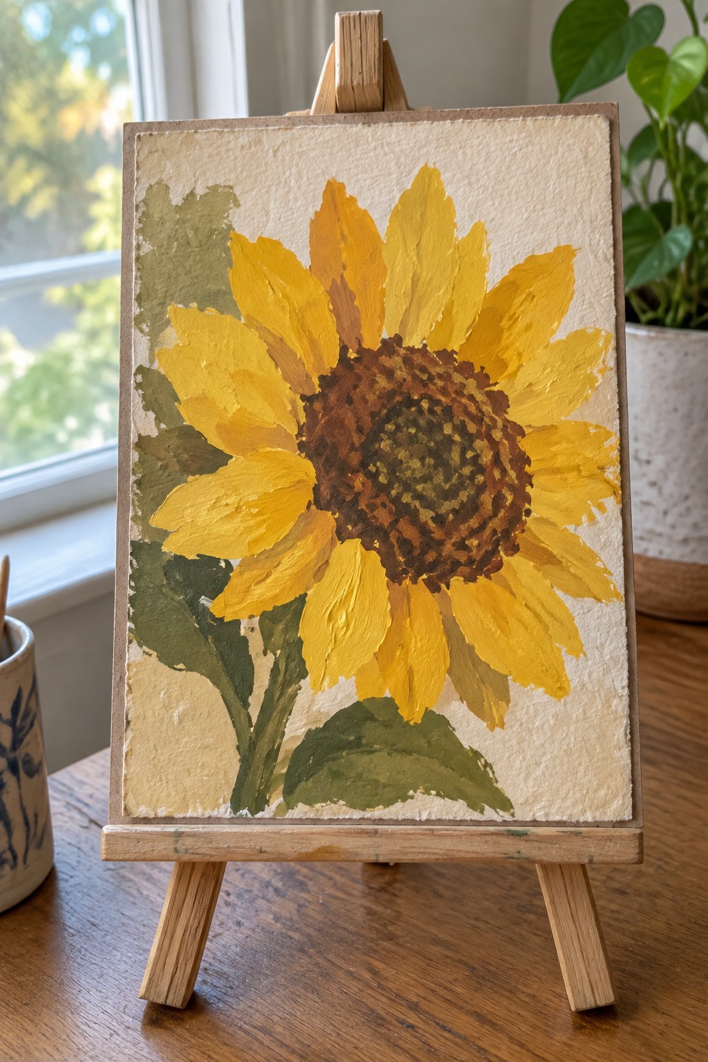 Thickly painted yellow sunflower with brown center on wooden easel