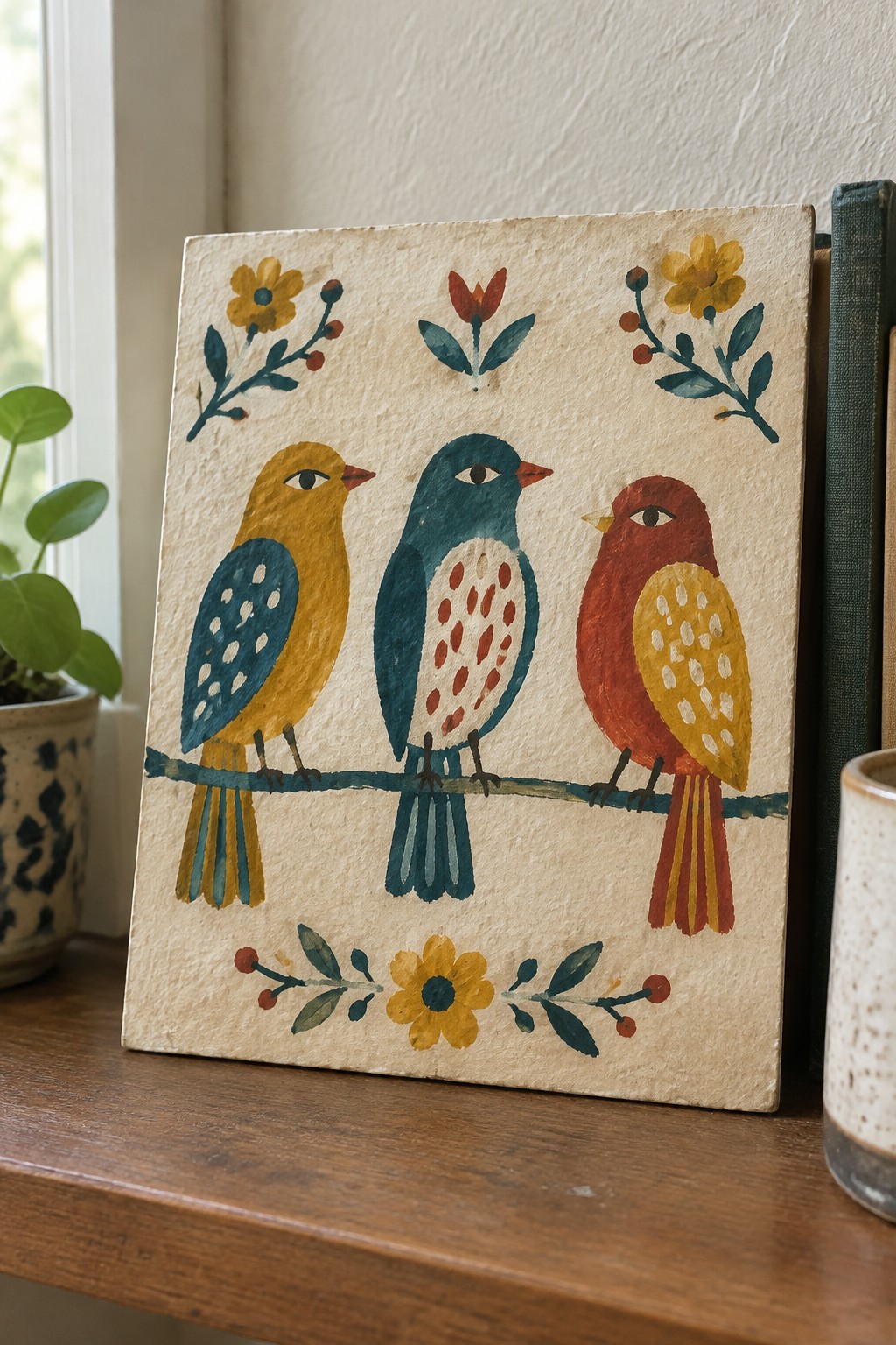 Folk art painting of three colorful birds on a branch with flowers
