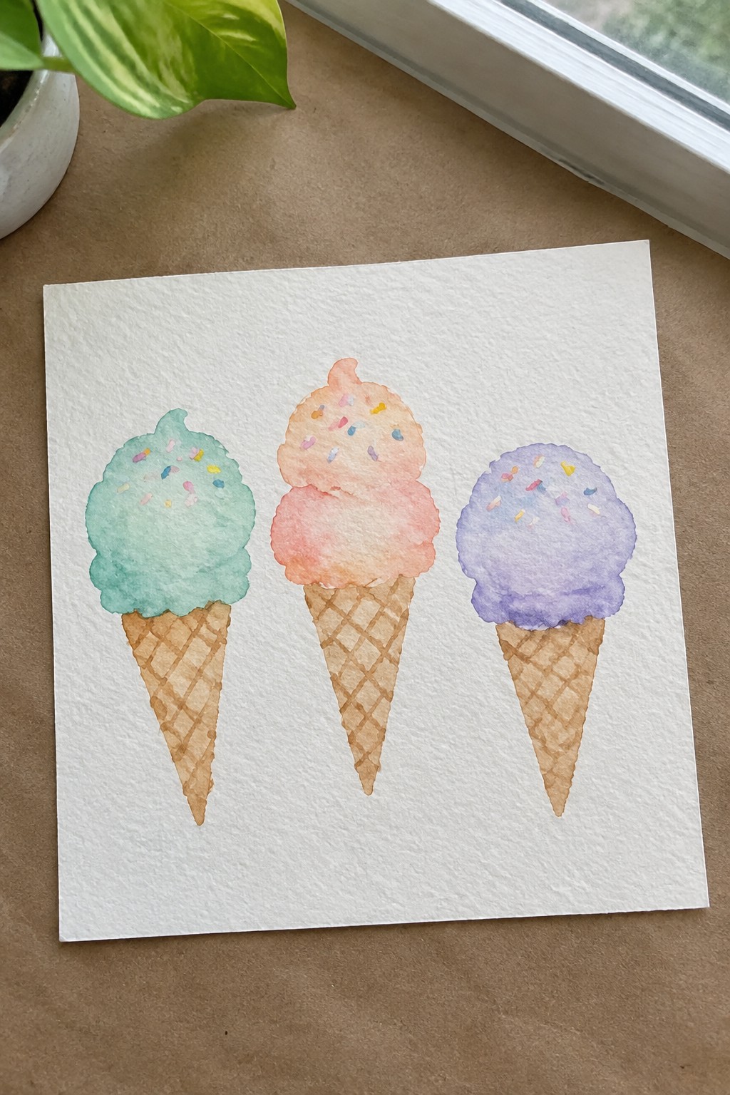 Three watercolor ice cream cones in green, peach, and purple with sprinkles.