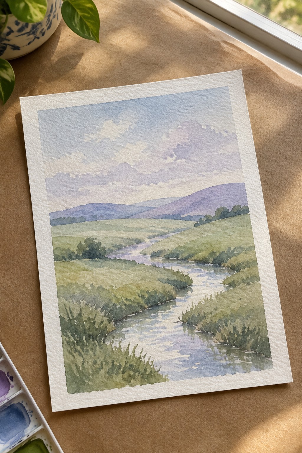 Watercolor painting of winding river through green hills under purple skies