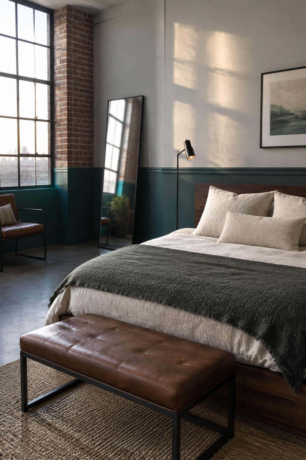 Sunlit loft bedroom with teal walls, brick, bed, leather bench, and mirror.