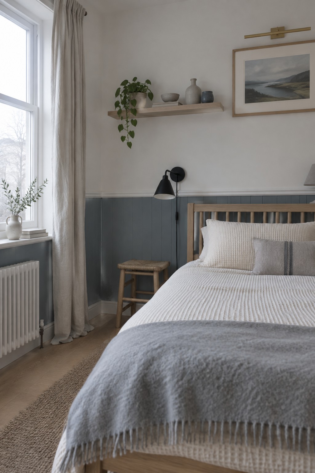 Bedroom walls painted with a muted blue-gray on the lower half and white above the chair rail.