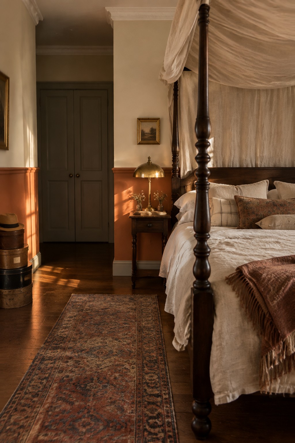 A bedroom showing a muted terracotta lower wall divided by a chair rail from cream paint above.