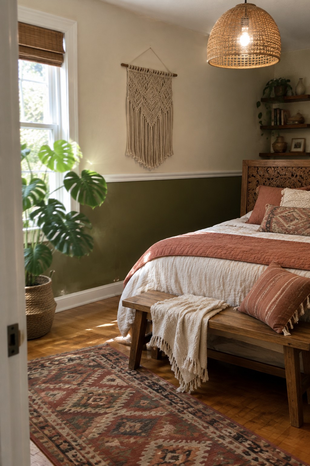 Sunlit bohemian bedroom with carved wooden bed, macrame art, woven lamp, and monstera plant.