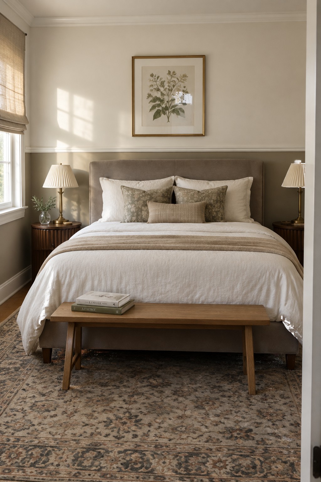 Bedroom walls painted in two tones with warm greige on the lower half below a white chair rail.