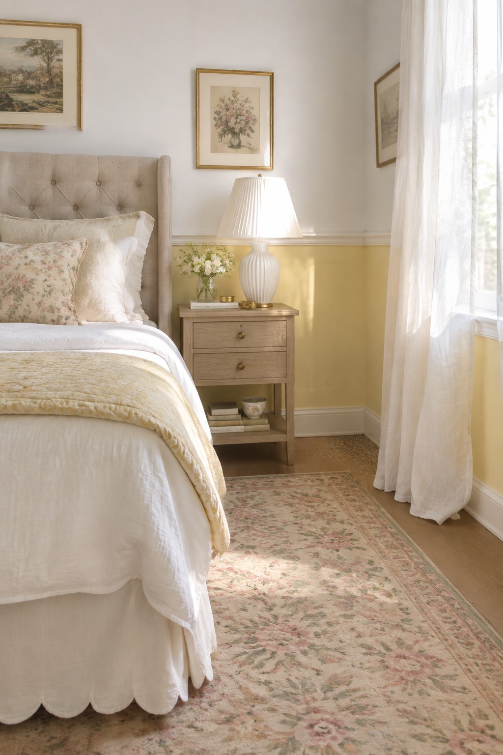 Sunlit bedroom with tufted bed, floral rug, yellow wainscoting, and sheer curtains.