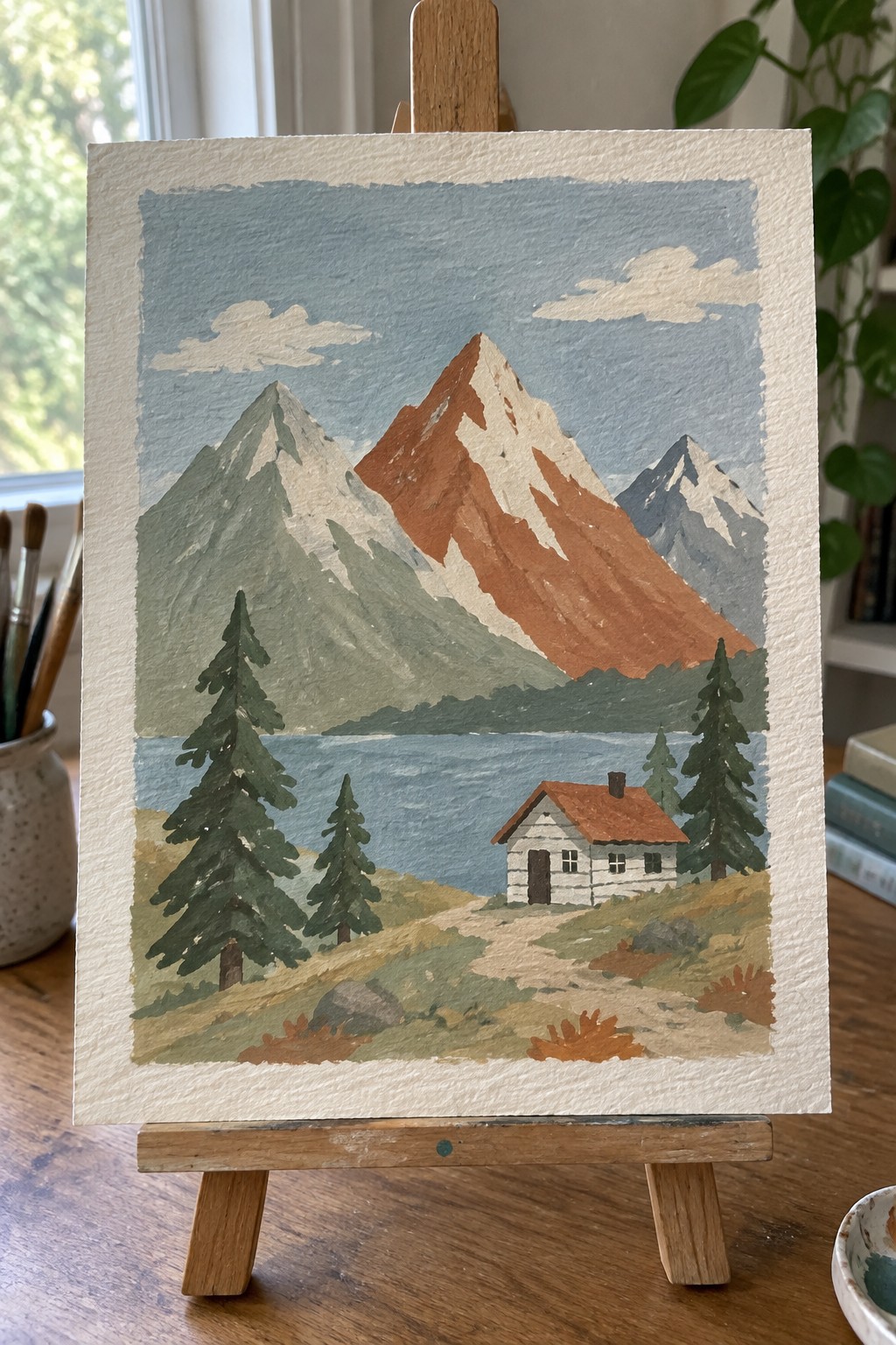 Easel displays landscape painting of brown mountains, blue lake, cabin with red roof, and pine trees