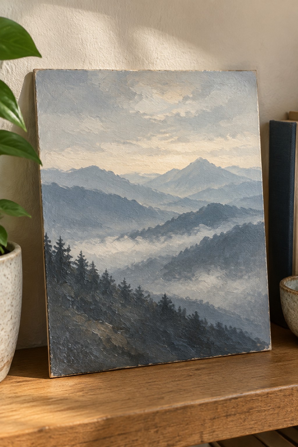 Misty blue mountain landscape painting on wooden shelf beside potted plant and bowl