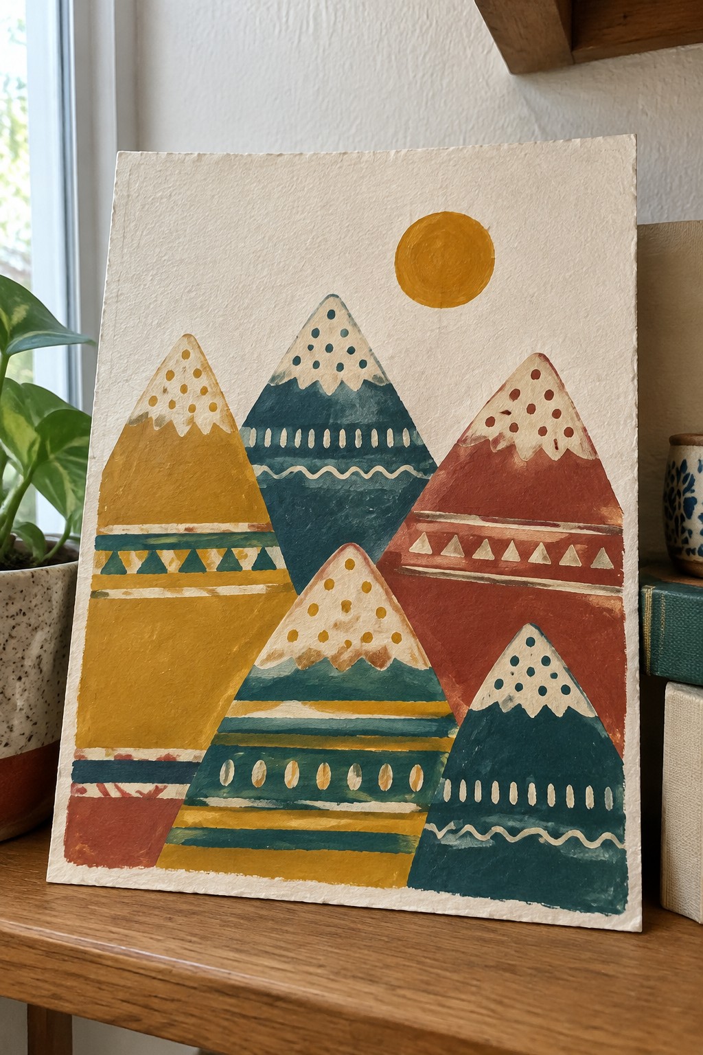 Colorful folk-art mountain painting with patterned peaks, stripes, and yellow sun on wood.