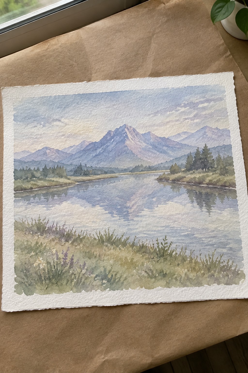 Watercolor landscape of purple mountains reflected in calm lake with wildflower meadow foreground