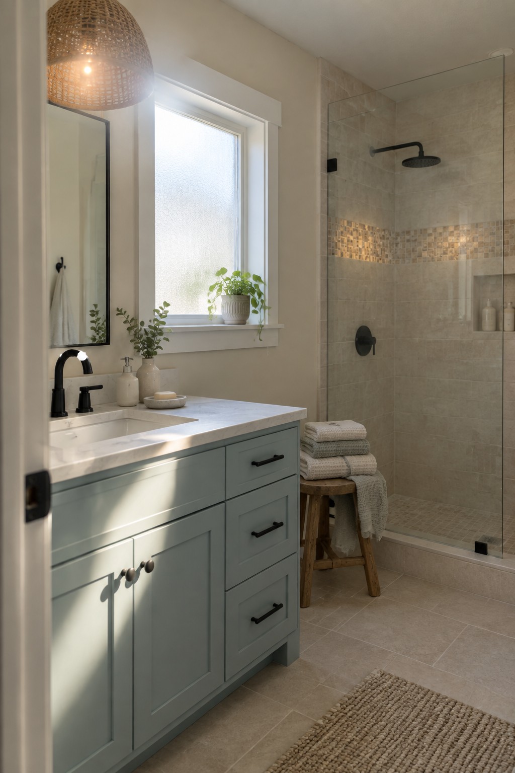Modern bathroom with sage green vanity, marble countertop, and tiled shower.